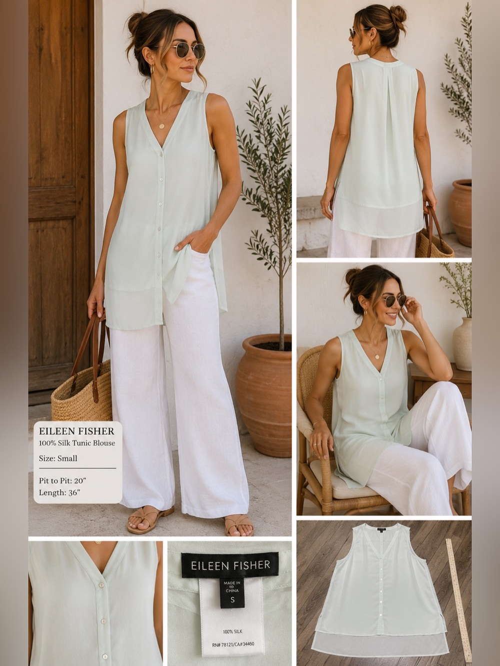 Eileen Fisher 100% Silk Sheer Layered Sleeveless Tunic Top Mint Green L
